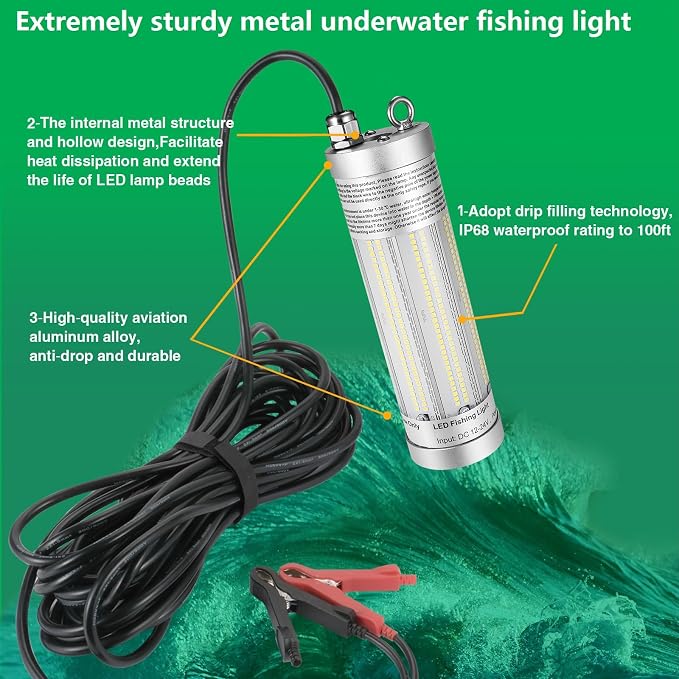 300W 36000lm Underwater Fishing Light, IP68 Waterproof Aluminum Super Bright Night Fish Attracting Submersible LED Lamp Lure Bait Finder for Freshwater Saltwater Sea Kayak Ice Dock (White)