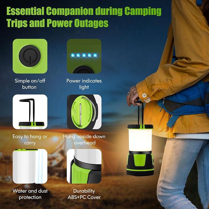 Rechargeable LED Lantern - 3000 Lumens, 5 Light Modes, IP54 Waterproof, 7500mAh Battery, Portable Flashlight for Camping, Hiking, Power Outages & Emergencie (Green)