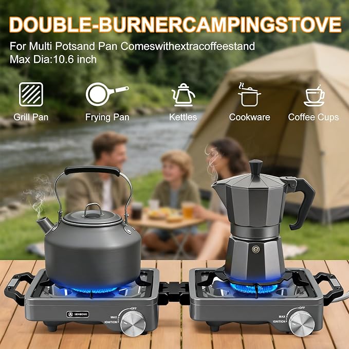 2-Burner Pro Camping Stove,24000 BTU Camp Stove,Foldable Propane Stove Includes Carry Bag,Windscreen Griddle, Portable Stove,Camping Essentials,Suitable For Outdoor Cooking,Tailgating,Grilling (Gray)
