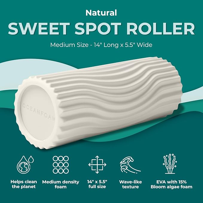 Oceanfoam Sweet Spot Medium Exercise Foam Roller 14"x5.5" – Medium Density Travel Foam Roller for Physical Therapy, Deep Tissue Massage, Yoga, Pilates, Classic Exclusive Wave Texture (Natural)