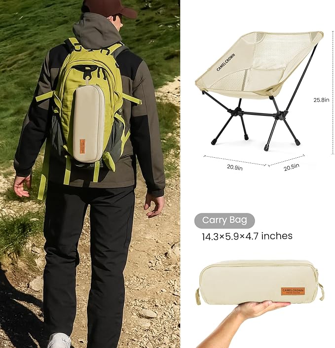 CAMEL CROWN Portable Camping Chair Lightweight Compact Folding Chair Mesh for Outdoor Camp Travel Beach Picnic Festival Hiking Backpacking White