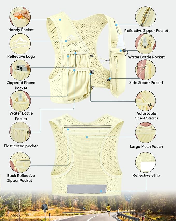 Zelvot Running Vest for Women Men, USA Original Patent, Adjustable Chest Straps Running Hydration Vest with 500ml Soft Flask, Lightweight Reflective Hydration Backpack for Marathon