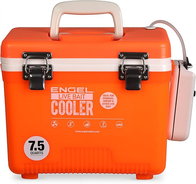 Engel Live Bait Cooler Box with 2nd Gen 2-Speed Aerator Pump - Portable Fishing Station & Minnow Bucket for Shrimp & Other Live Fish with Aerator - ENGLBC-N