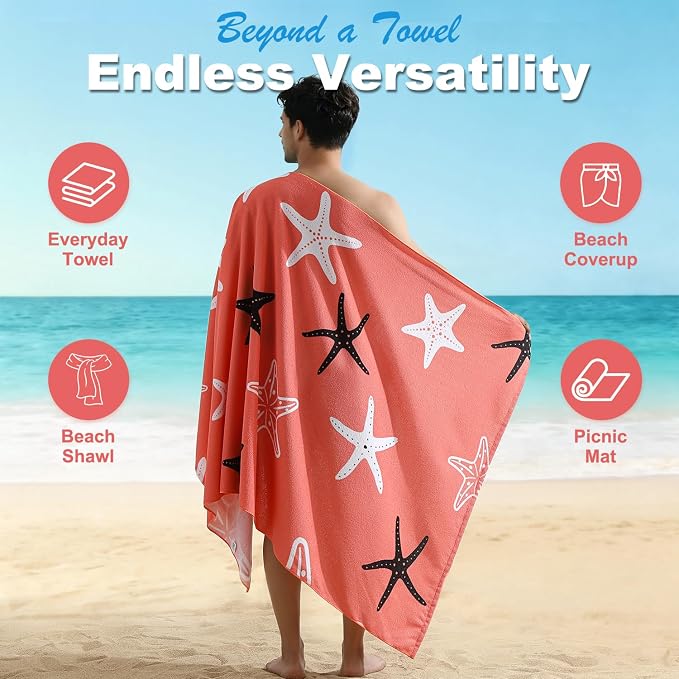 Jessy Home Microfiber 4 Pack Beach Towel Set, 40x70in Oversized Beach Towel, Quick-Dry Sand-Free Highly Absorbent Swim Towel, Soft Pool Towel, Marine Mixed Prints of Starfish & Sea Turtle for Vacation