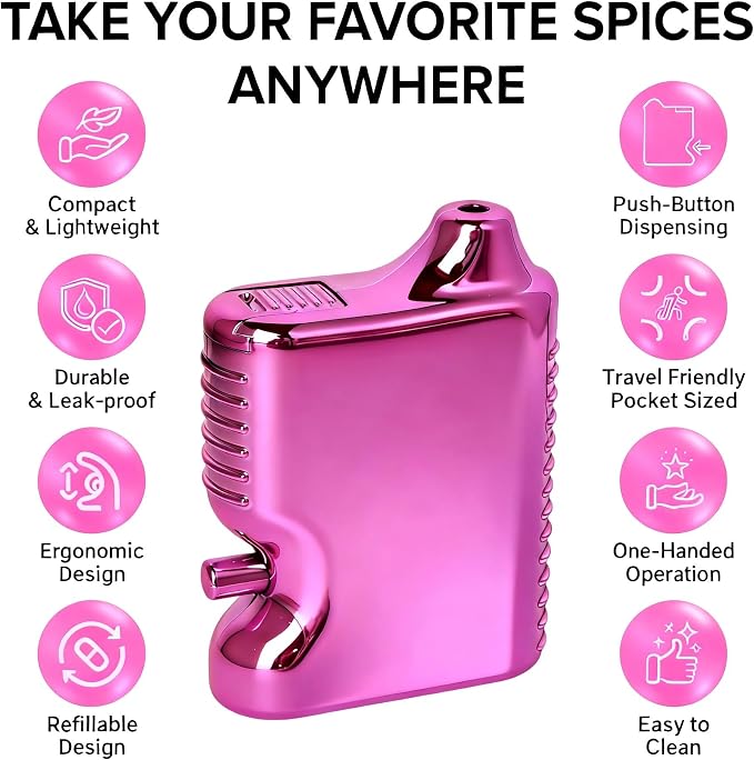 One-Button Powder Dispenser | Leak-Proof & Lightweight | Electroplated Pink Spice Shaker for Travel – Pretty in Pink