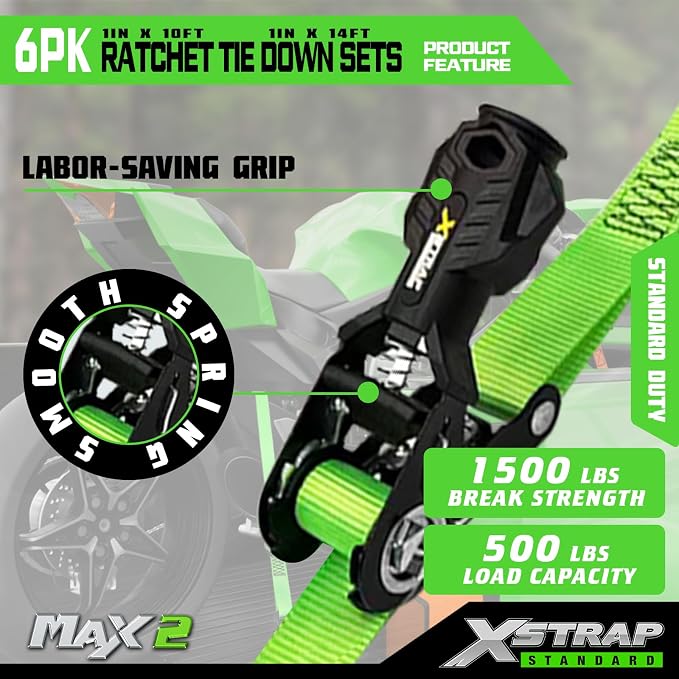 XSTRAP STANDARD 6-Pack Ratchet Tie Down Straps Set - 1 Inch 4 x 14ft & 2 x 10ft Tie-Down, 3300 lbs Break Strength Heavy Duty Cargo Straps with Coated S-Hooks for Moving, Motorcycle, Truck, Trailer