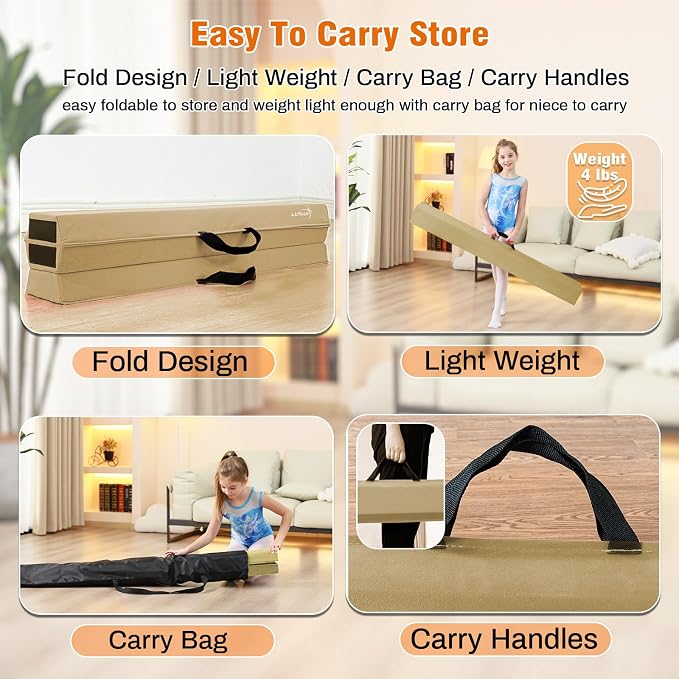 MARFULA 6 FT / 8 FT / 9 FT Folding Gymnastics Beam Foam Balance Floor Beam - Extra Firm - Suede Cover - Anti Slip Bottom with Carry Bag for Kids/Adults Home Use
