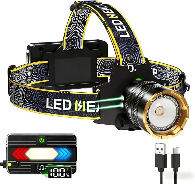 Bud K 99000 High Lumens Rechargeable LED Headlamp,Zoomable Head Light with 12 Light Modes, USB-C Fast Charge, IPX7 Waterproof Hard Hat Headlamp for Camping Fishing Running Construction Cycling Hunting