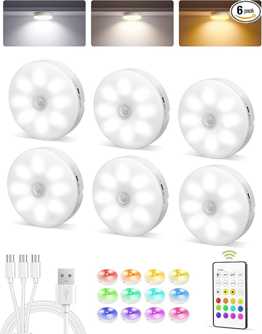 EZVALO 6-Pack Under Cabinet Lighting, Rechargeable Motion Sensor Puck Light with Remote, 3 Color Temps & 12 RGB Colors, Magnetic Stick on Light, Dimmable Under Counter Light for Kitchen, Home Decor