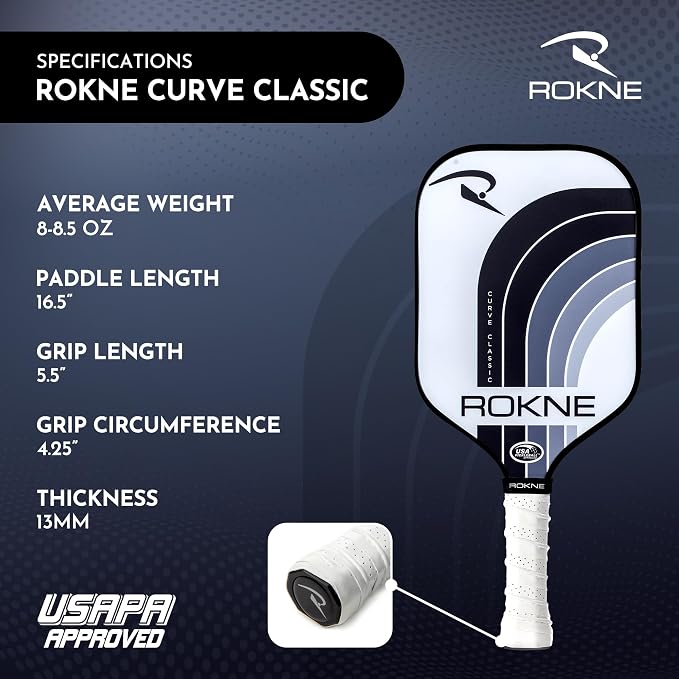 ROKNE Curve Classic Pickleball Paddle | USAPA Approved Fiberglass Pickleball Paddles | Precision Engineering & Comfort | ProGrit Texture for Max Spin & Power | Paddle