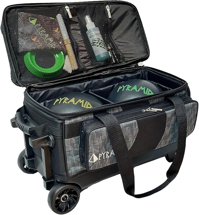 Pyramid Deluxe Double Roller 2 Ball Bowling Bag with Large Separate Shoe Compartment (Up To 2 Pairs Of Shoes) and Accessory Pockets, Sturdy Square Handle - Extends to 40" - Pro Options Available
