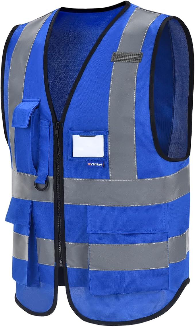 A-SAFETY Blue Safety Vest Reflective Work Vest,Hi Vis Bright Neon Color with 4 Reflective Strips 7 Pockets,Small
