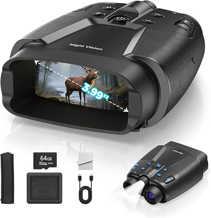 Night Vision Goggles, 4K Night Vision Binoculars with 3.99" HD Screen, 10000mAh Rechargeable, 64GB Card Included for Wildlife Observation & Surveillance