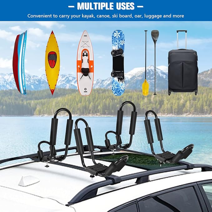 GYMAX 2Pairs Universal Kayak Roof Rack, J-Bar Roof Top Carrier with Straps, Foam Pad & Buckles, Mount Crossbar on SUV Van Car for SUP, Boat, Kayak, Canoes, Ski Board