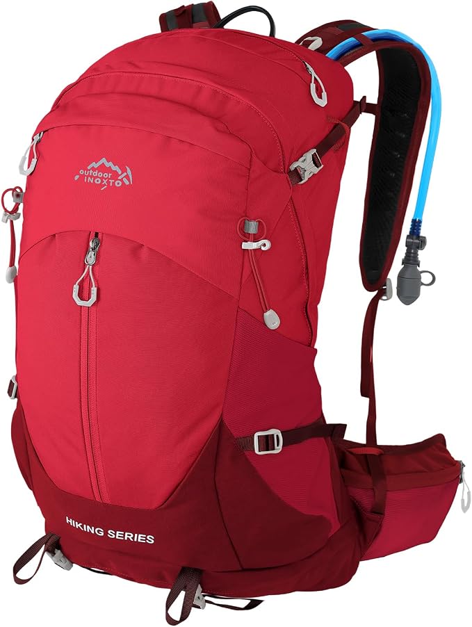 IX INOXTO Hiking Backpack, Camping Backpack, 30L Waterproof Hiking Daypack with 3L Water Bladder and Rain Cover (Red)