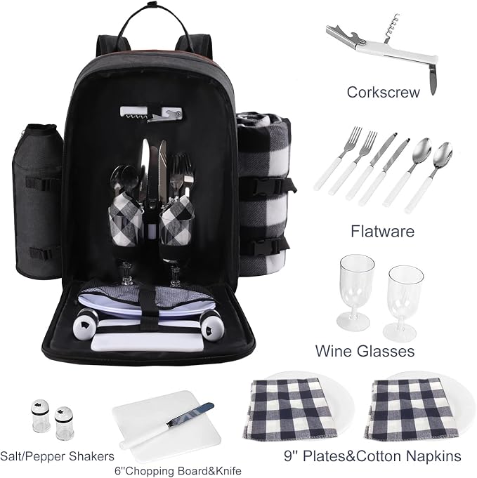 ALLCAMP OUTDOOR GEAR Picnic Backpack for 2 Person Set W/Detachable Bottle/Wine Holder, Fleece Blanket, Plates and Cutlery Set (Black)
