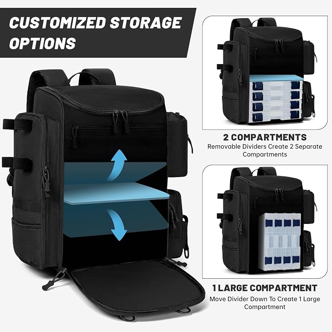 40L Fishing Backpack Water Resistant Fishing Tackle Bag with 2 Rod Holders, Tackle Storage Bag for Anglers(Black,Bag Only)