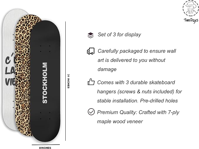 TwoDays Stockholm Style Skateboard Wall Decor - Modern Wall Mount Art Set for Men's Apartment & Dorm, Cool Cheetah Print Skate Deck, Trendy Skater Room Design (Set of 3)