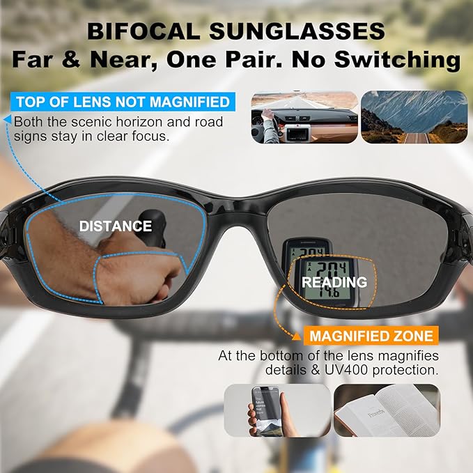 Missfive 2-Pack Mens Go-To Bifocal Sunglasses with Readers Built In, Resilient Temple Comfort-Fit Sport Wrap Around Frame & UV400 Protection, Driving & Reading Glasses for Outdoor +3.5
