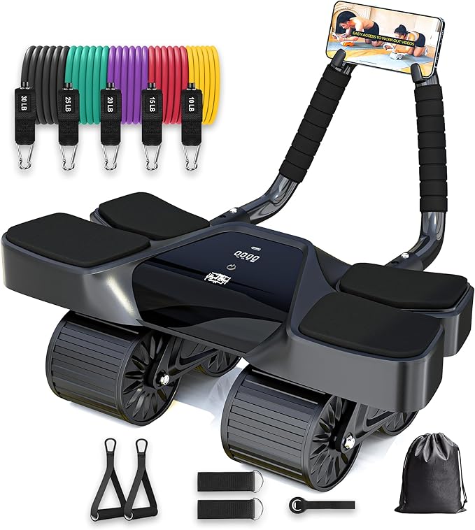 Ab Roller Home Gym Equipment – 4 Wheels Ab Wheel Muscle Roller with Built-in Tracker , 5Pcs Resistance Bands, Ankle Straps, Door Anchor, Handles, Travel Bag – Comfortable Elbow Support with Non-Slip Handles