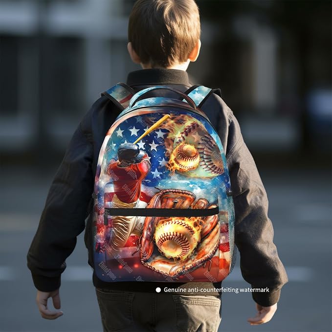 Baseball School Backpack for Boys Sports American Flag Baseball Boys Backpack for Kids Children Teens Ages 6-18 Elementary Middle School Students Bookbag Travel Back Pack