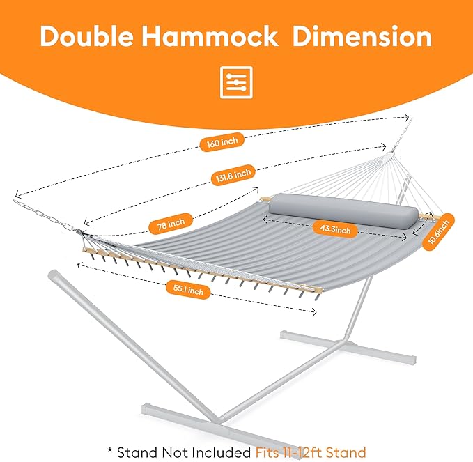 Everyfun Double Hammock with Spreader Bar & Pillow, Portable 500lbs Capacity for Outdoor, Camping, Patio, Backyard Relaxation,Gray
