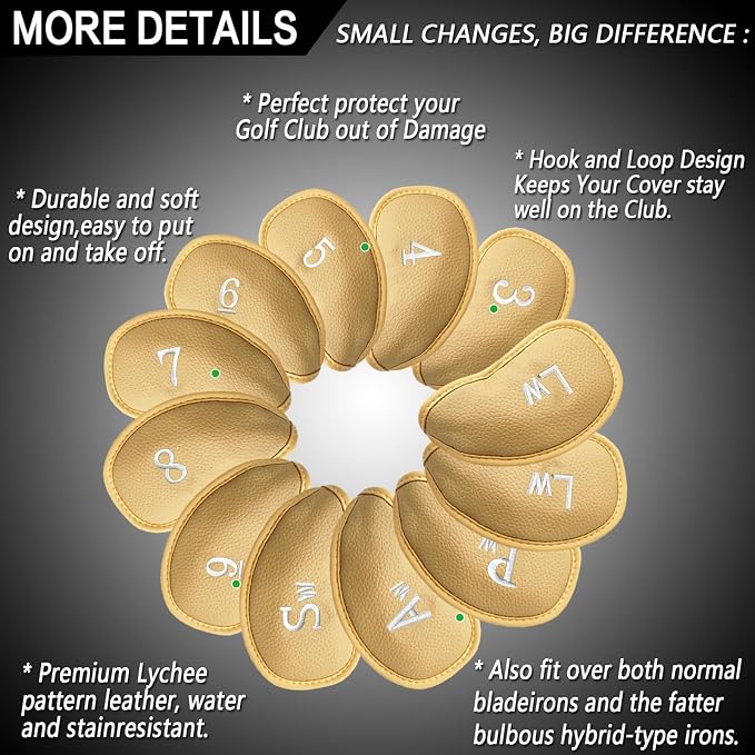 FINGER TEN Premium Synthetic Leather Stylish Iron & Wedge Golf Head Covers Value 12 Piece Set, Embroidered Labels & Fits Most Clubs Gift Set, Travel Protection Accessories