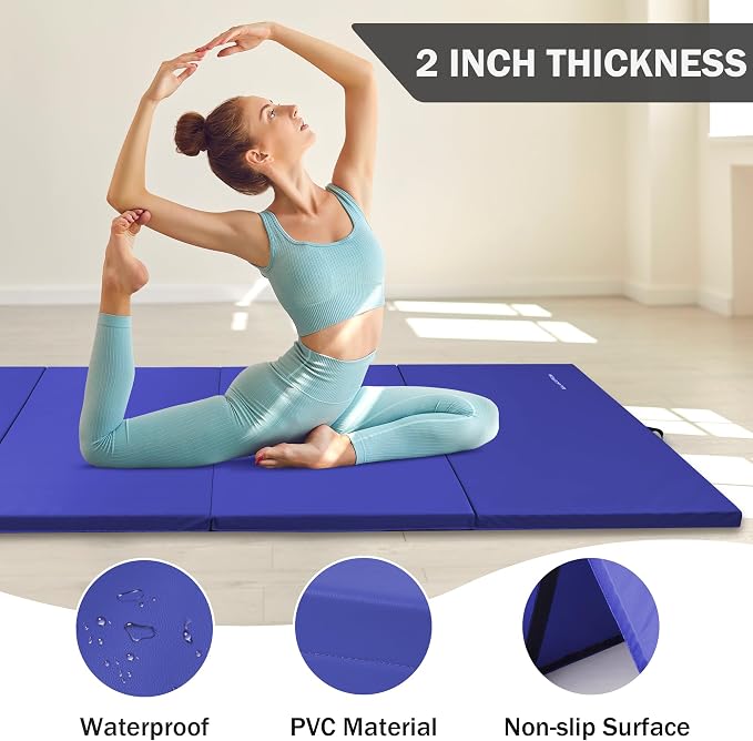 Fitvids Folding Exercise Gymnastics Mat 4'x8'x2" Gym Workout Mat with Carrying Handles High-Density Portable Fitness Aerobics Mats for Home Gym Yoga Pilates Tumbling MMA Core Training, Multiple Colors