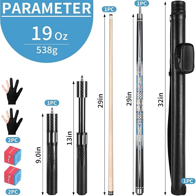 Kmise Professional Pool Cue Stick, 18 19 20oz Canadian Maple Cue Sticks, Low Deflection Shaft with Telescopic Extension Cue