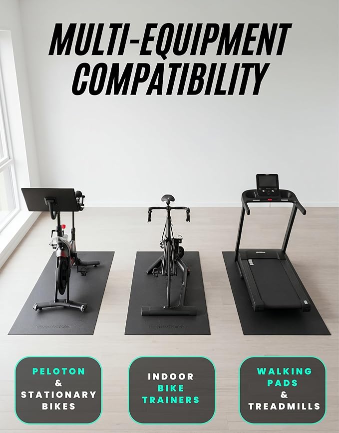 Powr Labs Bike Mat Compatible with Peloton, Treadmill, Exercise Equipment, Elliptical, Walking Pad, Indoor Bike Trainers, Home Gym Workout - Protects Hardwood Floors and Carpet