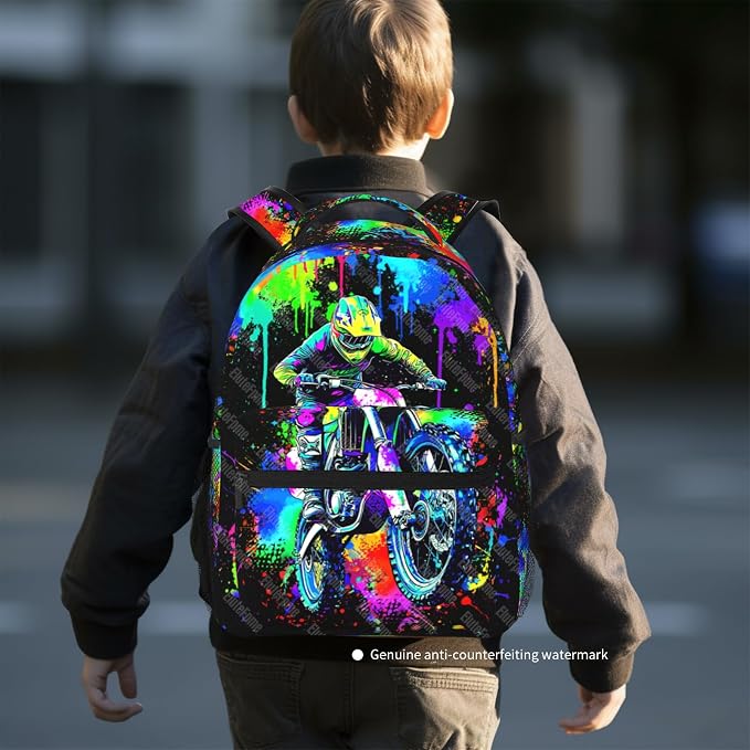 Motocros Backpack For Boys Motocros Dirt Bike Boys Backpack For Kids Children Teens Elementary Middle School Motorcycle Bookbag Travel Back Pack for Age 6-18