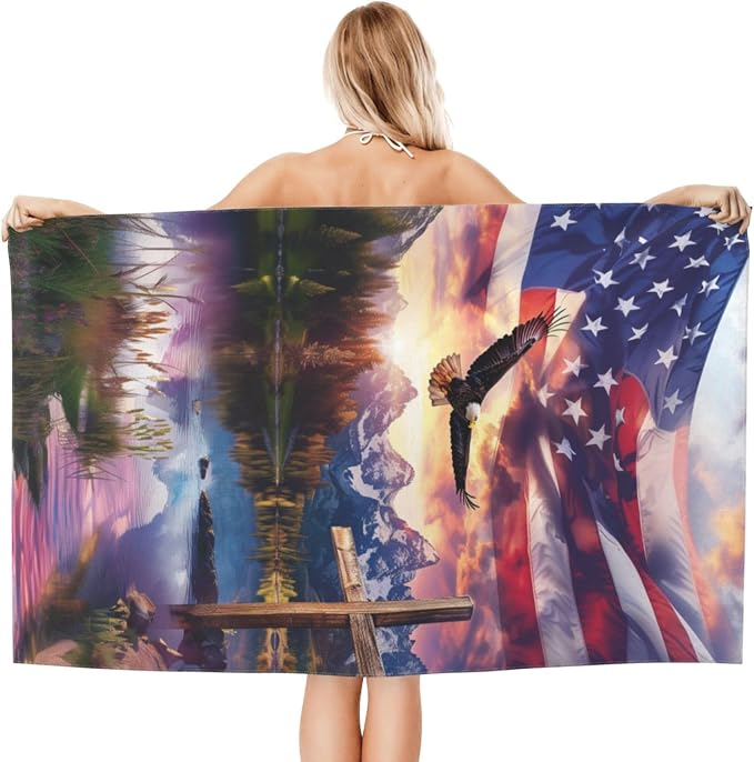 Cool Eagle Beach Towel, 32x52in Microfiber Quick Dry Patriotic American Flag Cross Mountain Bath Towels, Soft Lightweight Oversized Sand Free, for Travel Pool Swimming Gym Decor, Gifts