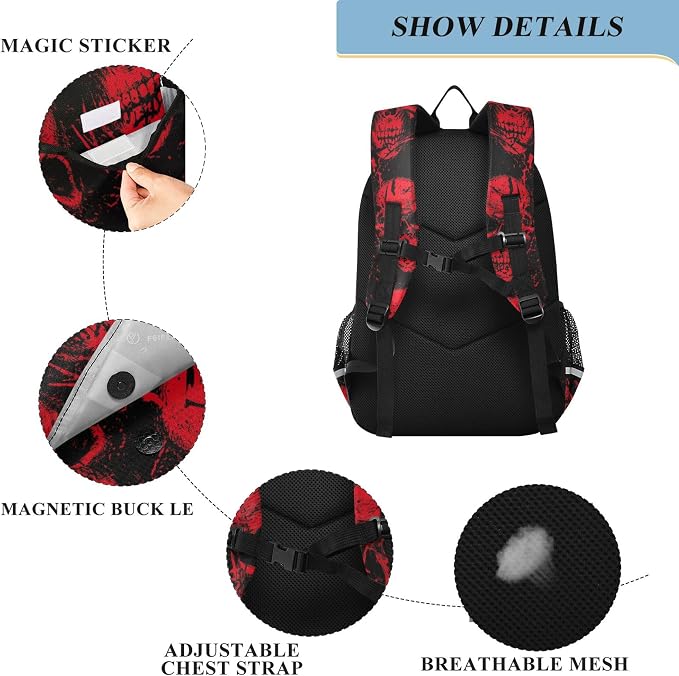 Fisyme Red Skull School Backpack Laptop Backpack Bags Bookbag Travel Casual Computer Notebooks Daypack