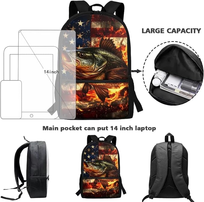 Cute Fire Bass Fish Kids School Bag for Boys and Girls Backpack and Lunch Box Water Bottle Holder Pencil Case 4 Piece American Flag Schoolbag Rucksack Daypack Back to School Supplies