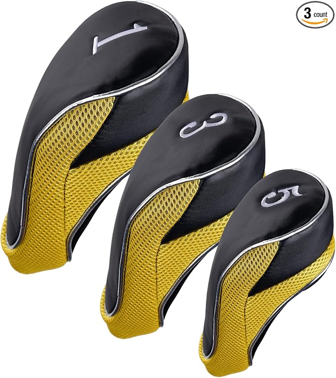 Andux Golf Wood Club Head Covers with Hook & Loop Set of 3 | for 460cc Driver Fairway Short Neck Faux Leather and Nylon-mesh Embroidery thread Number