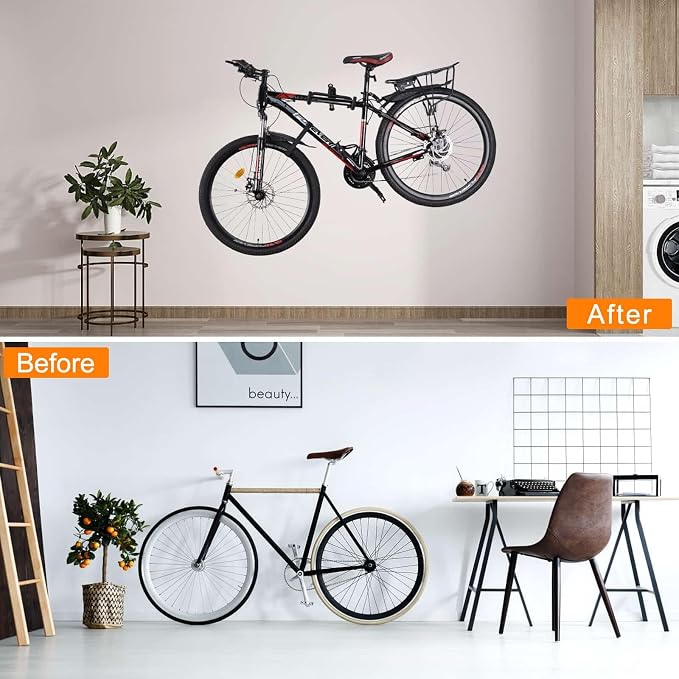 Cyfie Bike Wall Mount Garage Rack, Adjustable Horizontal Bike Storage Hanger Hooks with Wheel Stabilizer Strap, Indoor Hanging Bicycle Holder in Apartment Garage for Mountain Road Hybrid Bike (2 Pack)
