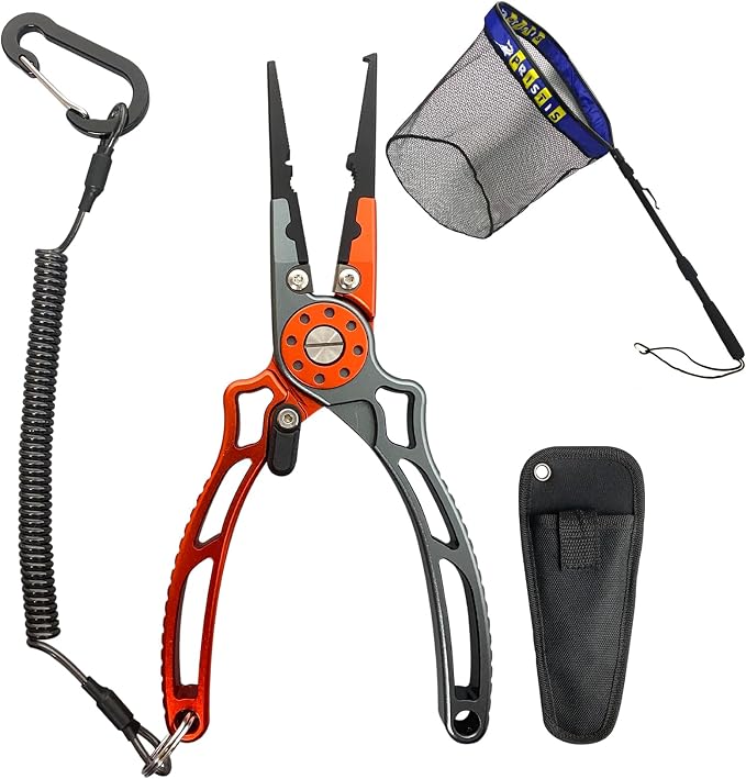 Pristis Utility Multi-Function Fishing Gear Combination, Fishing Plier & 39''/1m Rubber Coated Steelhead Landing Net for 20'' Net Depth, Nice Gift for Family