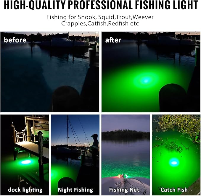 Underwater Fishing Light DC12V Max 200W Fish Attracting Light for Boat Docks Kayaks at Night, IP68 Submersible Green Light for Crappie Snook Squid Bait Catfish (16.4FT Cable)