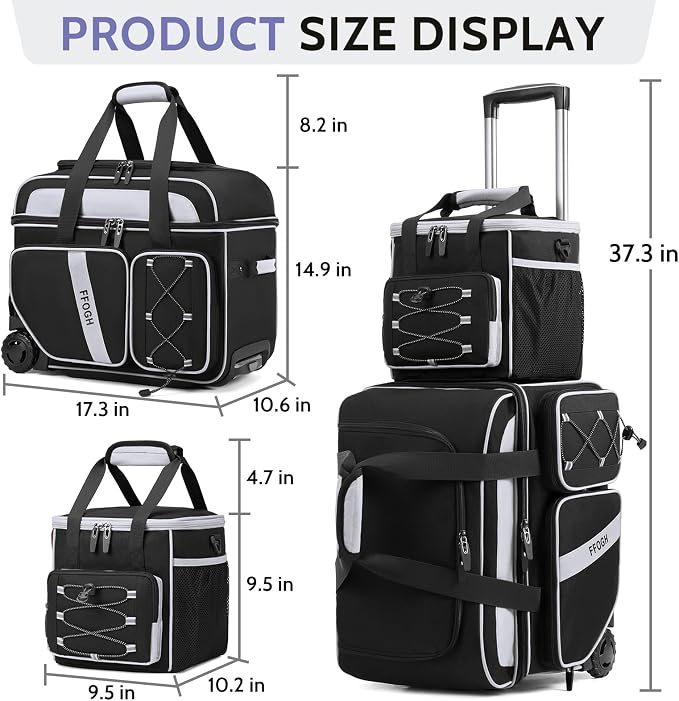 3 Ball Bowling Bag with Wheels, 2+1 Bowling Ball Bags Double Roller with Single Bowling Tote for Accessories, Multi-Pockets & Shoe Compartment (Fits Up to Size 15)