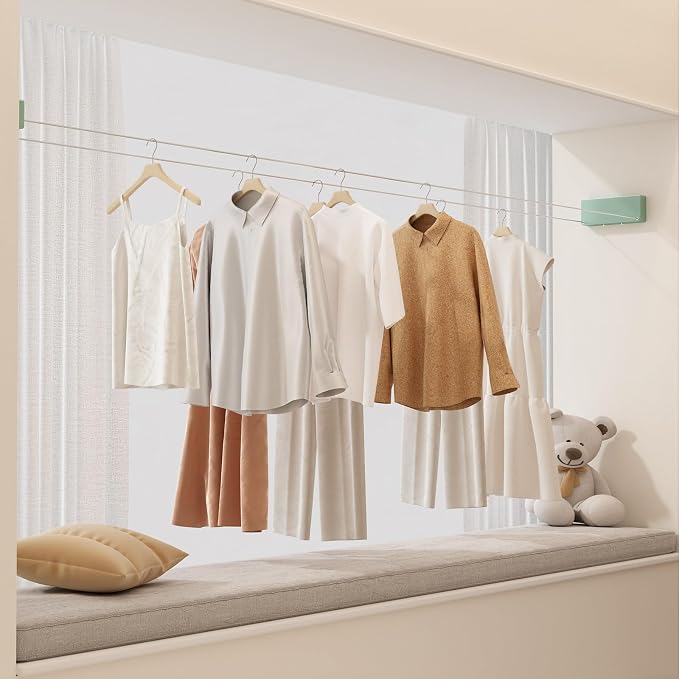 Retractable Clothesline Indoor, Non-Sagging Clothes line retracting Outdoor, Heavy Duty Wall Mounted Laundry Line Adjustable Stainless Steel for Laundryroom, Bathroom, 15.8 Feets Double Lines Green