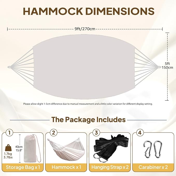 ANYOO Cotton Hammock Portable Camping Hammocks for Hanging Sturdy Garden Comfortable Fabric Hammock with Tree Straps Up to 660lbs with Travel Bag for Camping Outdoor/Indoor Patio Backyard