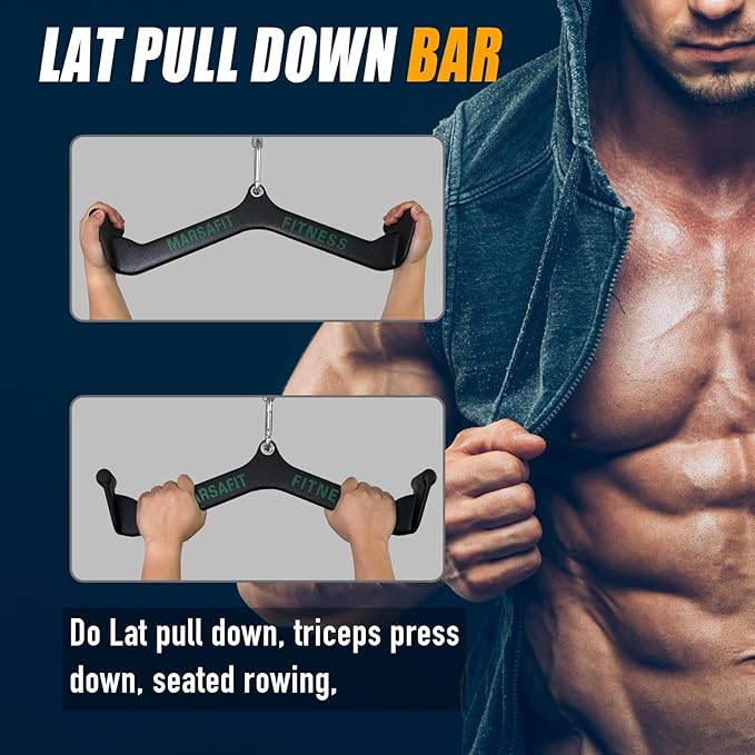MARSAFIT Home Gym Fitness Rowing T-bar V-bar Pulley Cable Machine Attachment, Bicep Curl Tricep LAT pulldown Bar Back Strength Training Handle Grips LAT Pull Down Bar for Seat Row Workout