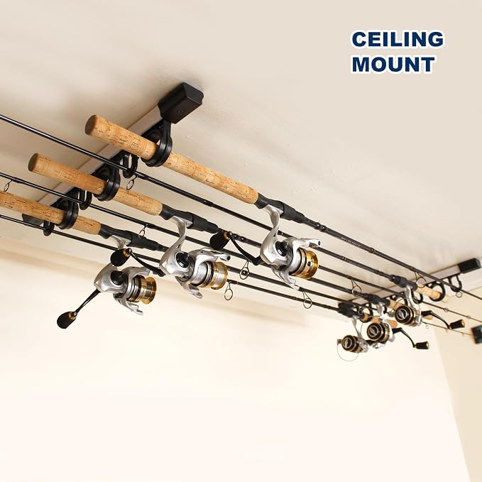 Rush Creek Creations 6 Rod Fishing Holder - Vertical/Horizontal Rack for Garage Organization and Wall Storage