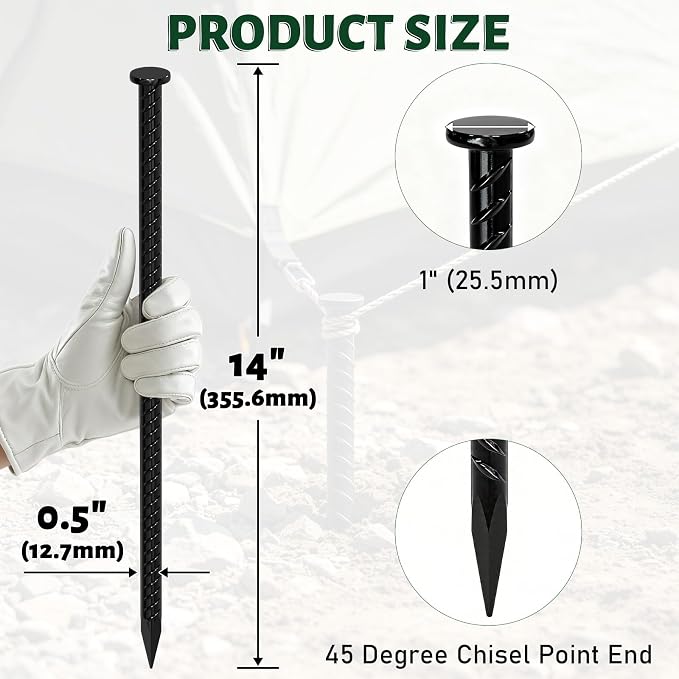 14 Inch Rebar Stakes 1/2" Heavy Duty Ground Anchors for Asphalt (10 Pack) | Metal Spikes with 45° Chisel Point & Black Powder Coating for Speed Bumps, Parking Curbs, Landscape Timbers and Camping Tent