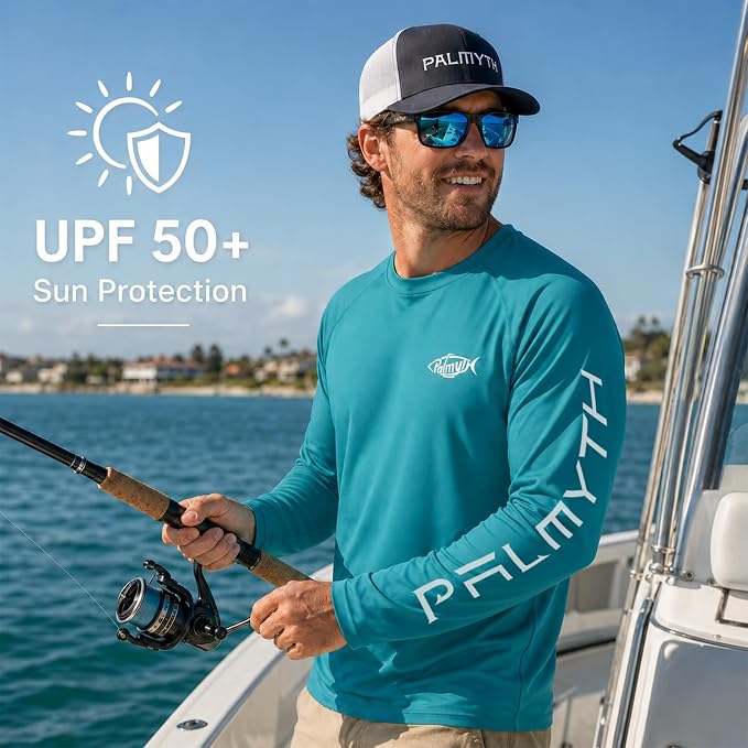 Palmyth Fishing Shirts for Men Long Sleeve UPF 50+ T Shirt Sun Protection | Quick Dry, Sun Protection, Myth-Cool Fabric, Fish Print, Moisture Wicking, Stretchy, Breathable, Fishing,Boating,Outdoor Wear