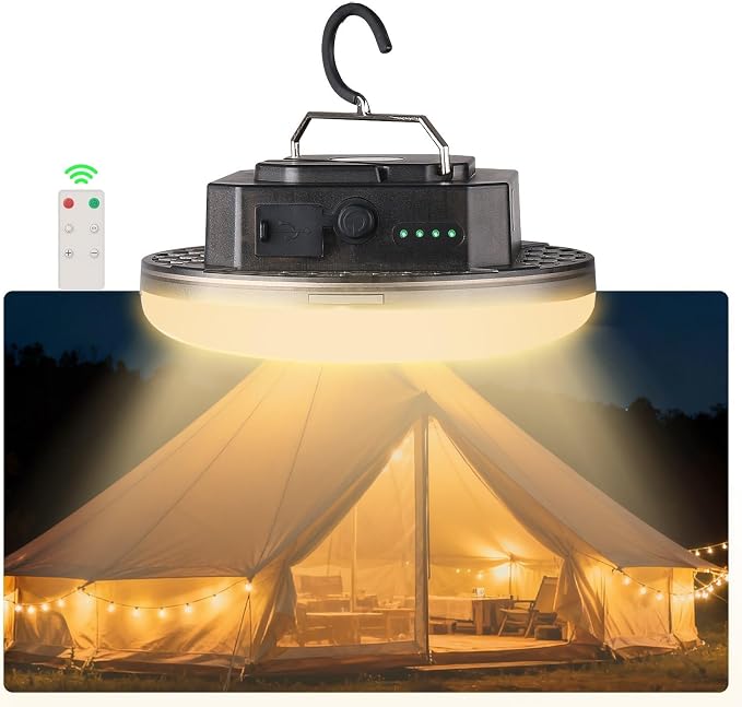 LED Rechargeable Camping Lantern 5000LM with Remote – 3 Color Modes & Stepless Dimming, USB-C in/Out, IPX5 Waterproof, Magnetic Hook, Portable Tent Light for Camping, Hiking & Glamping