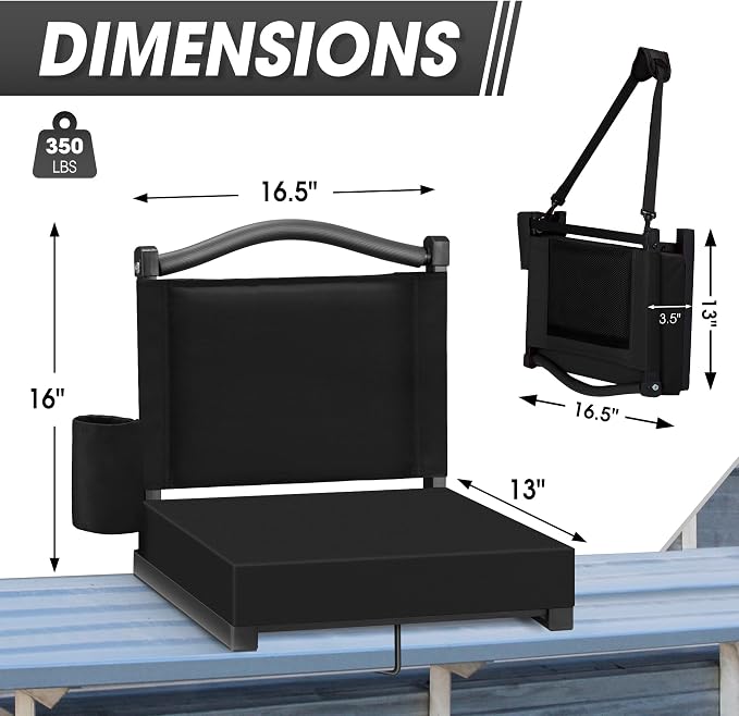 Fragess Bleacher seat, Stadium Seats with Back Support and Thick Cushion, Bleacher Chairs with Shoulder Strap and Side Pocket, Stadium Seat for Bleachers, Perfect for Sports Events(Black)