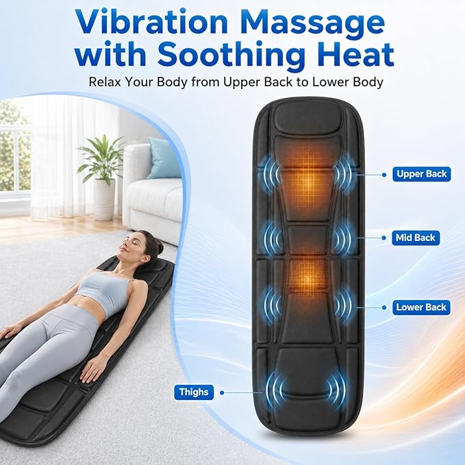 Full Body Massage Mat with Heat, Vibration Massage Mattress Pad with Lumbar Support Cushion, Foldable Massage Mat for Bed, Sofa & Floor, Relaxation & Comfort