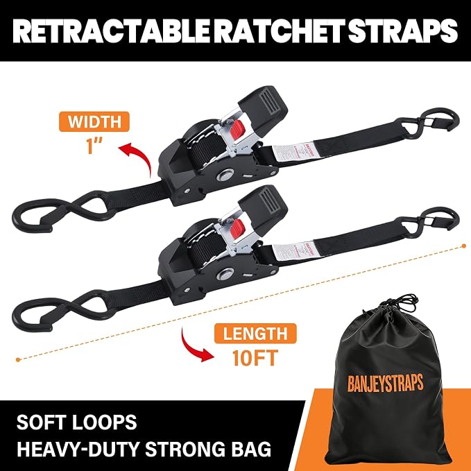 Self Retracting Ratchet Straps 1" x 10' (2-Pack) - Black Heavy Duty Tie Down Straps with Auto Retract, 1540lb Break Strength for Truck, Motorcycle, ATV, Cargo Trailer