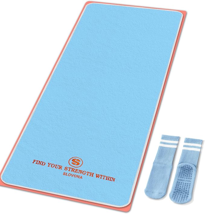 Upgraded Yoga Mat Towel with Bonus Grip Socks, Sky Blue | Elegant Embroidered, 1-Second Sweat Absorption & Non-Slip | Machine Washable Microfiber | Hot Yoga, Pilates | 73''*27.6''